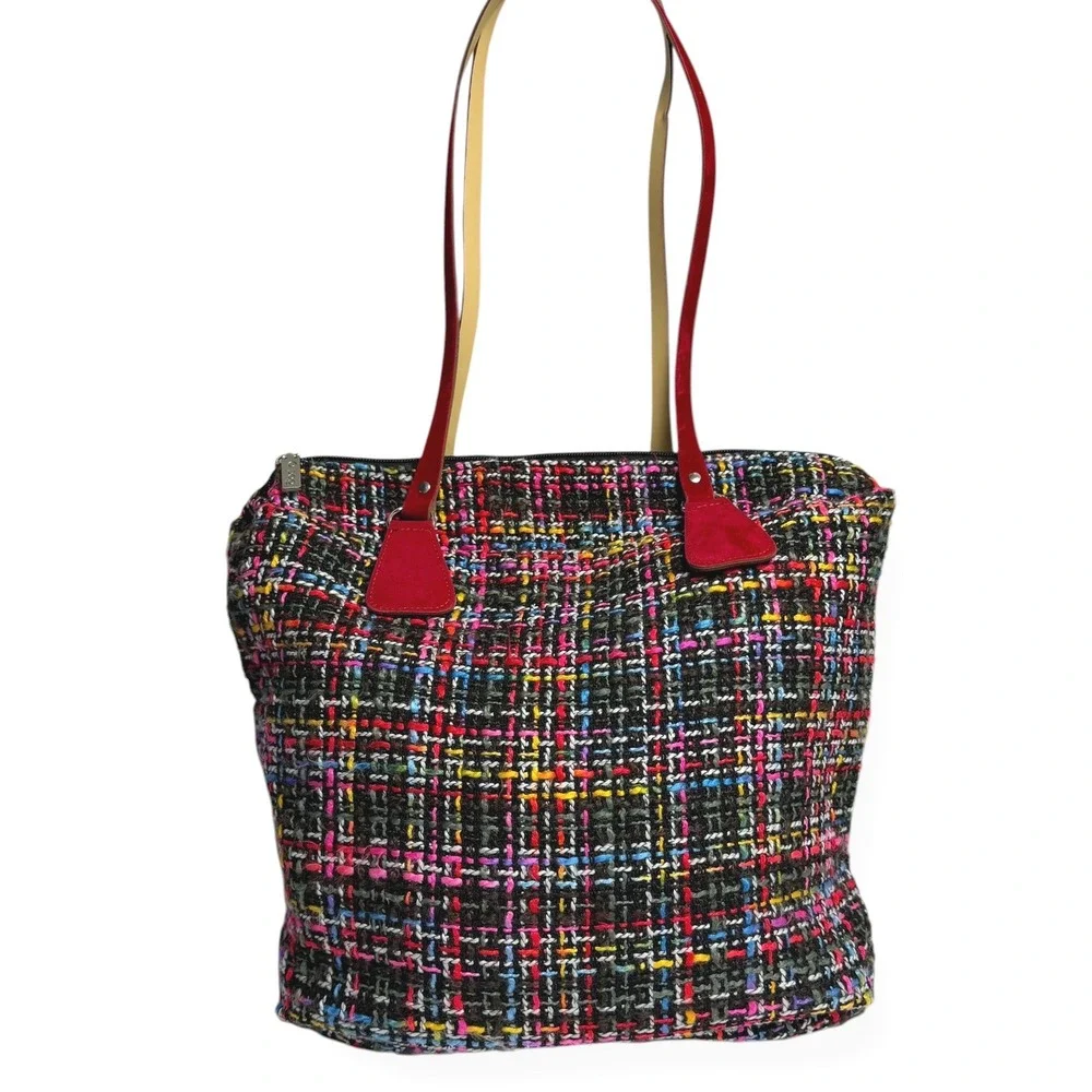 O Bag Tweed Fabric Tote‎ Bag Red Velvet Handles Medium Ready to Use Boho EUC